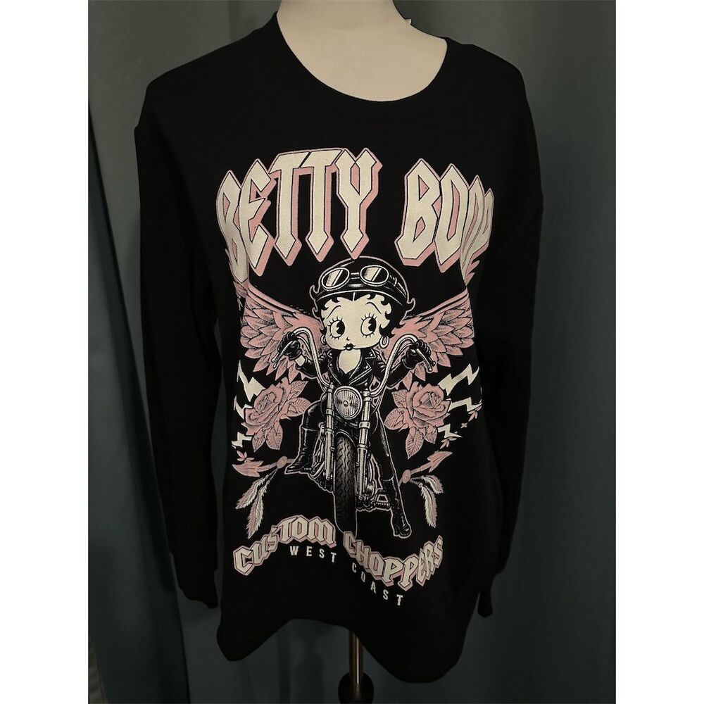 Betty Boop Winged Roses Biker Chick Fleece Pullover Sweatshirt M